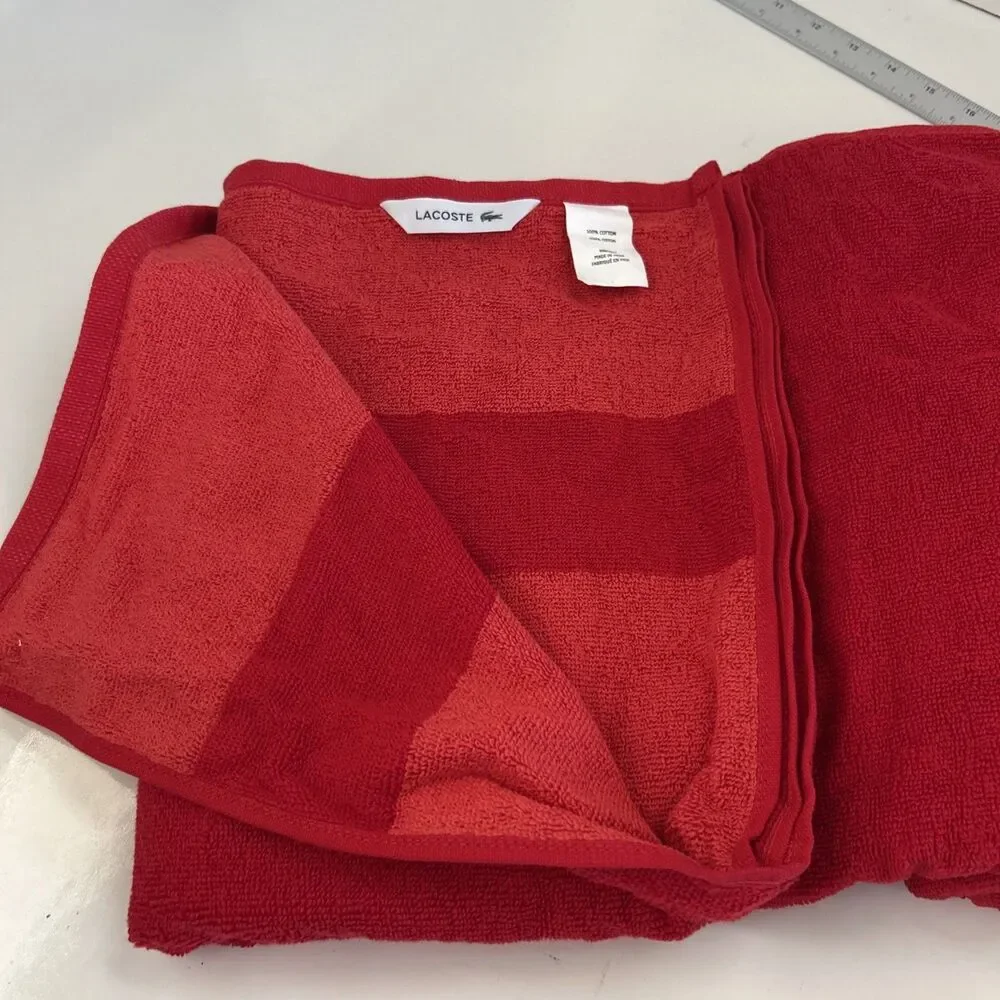 Two Lacoste Bath Towel Color Block Red Big Croc Logo 100% Cotton 30”x 52”